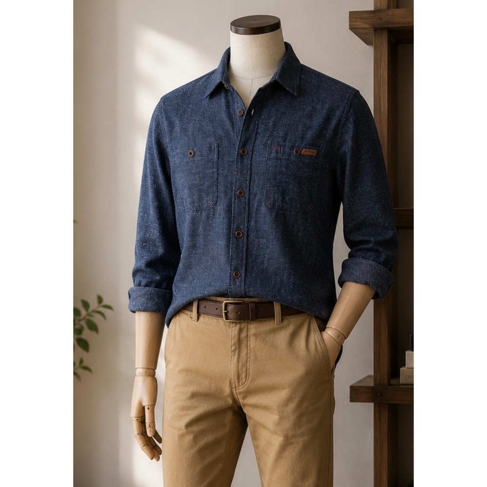 Genuine Dickies Mens 2XL Navy Blue Birds Eye Textured Cotton Button Down Shirt